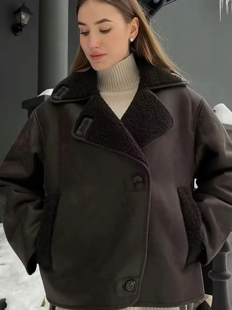 HH Women Thick Warm Outwear Faux Leather Jackets Autumn Winter Vintage Long Sleeve Lapel Coats Fashion Lady Streetwear Top