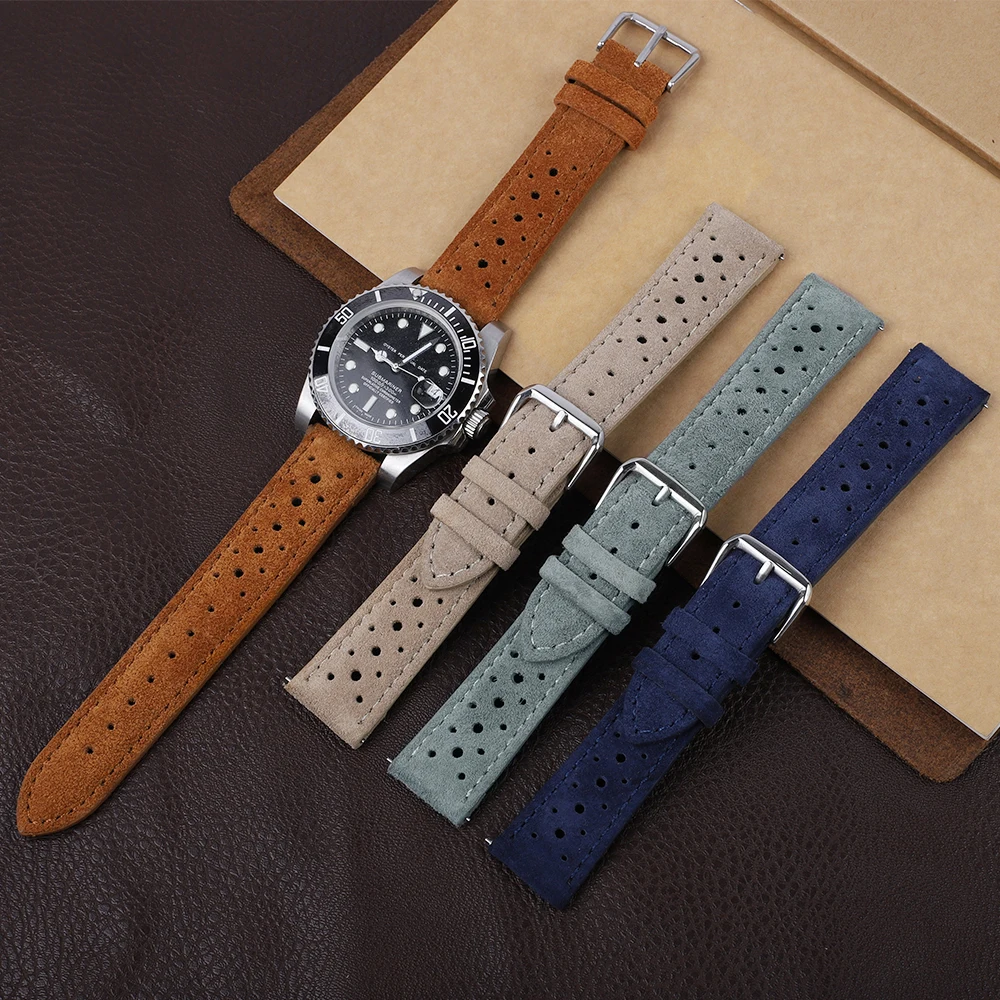 Handcrafted Vintage Suede Leather Watch Strap - Blue & Brown