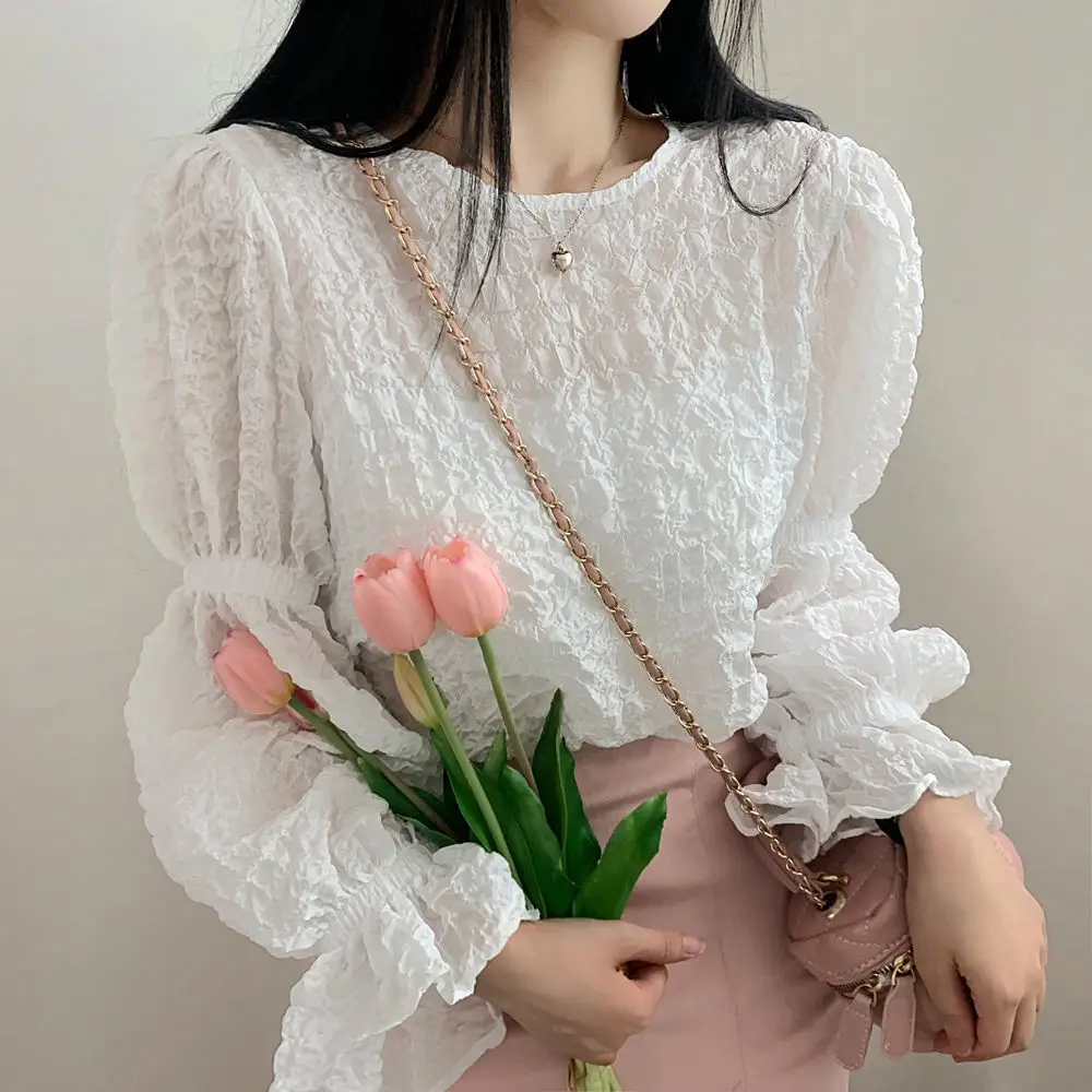 Women Summer White Black Lantern Sleeve Blouse