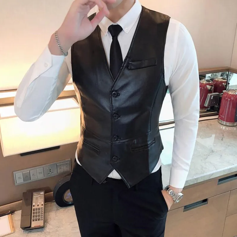 2022 Leather Vest Men New Fashion Casual High Quality Solid Color Single Breasted Slim Large Size Business Vest Waistcoat S-5XL 2