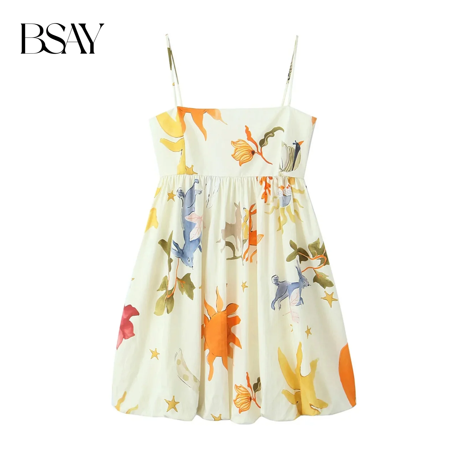 BSAY Women Fashion Summer Printing Loose Side Zip Sleeveless Backless Sling Mini Dress Chic Female French Elegance Evening