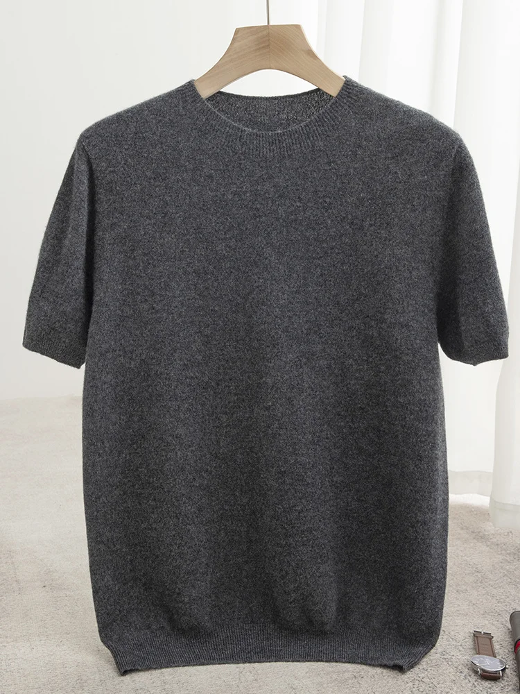 Men Classical T-shirt 100% Merino Wool Sweater O-neck Short Sleeve Pullover Smart Casual Basic Clothing Cashmere Knitwear Tops
