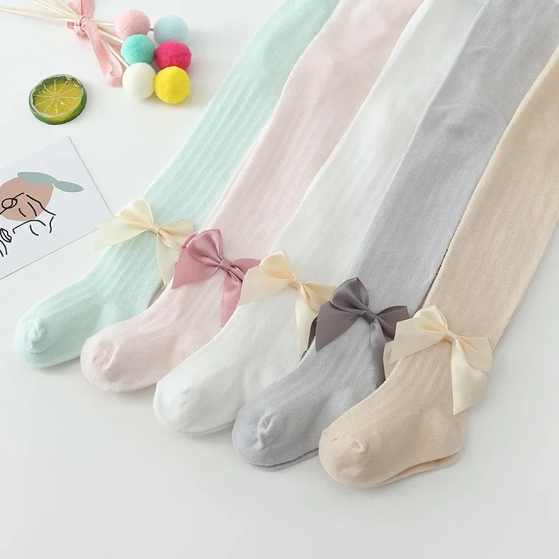 Summer Girls Pantyhose Soft Cotton Breathable Mesh Bow Tie Decor Tights Stockings Princess Babys Kids Anti-mosquito Leggings kids pantyhose,toddler tights,kids leggings