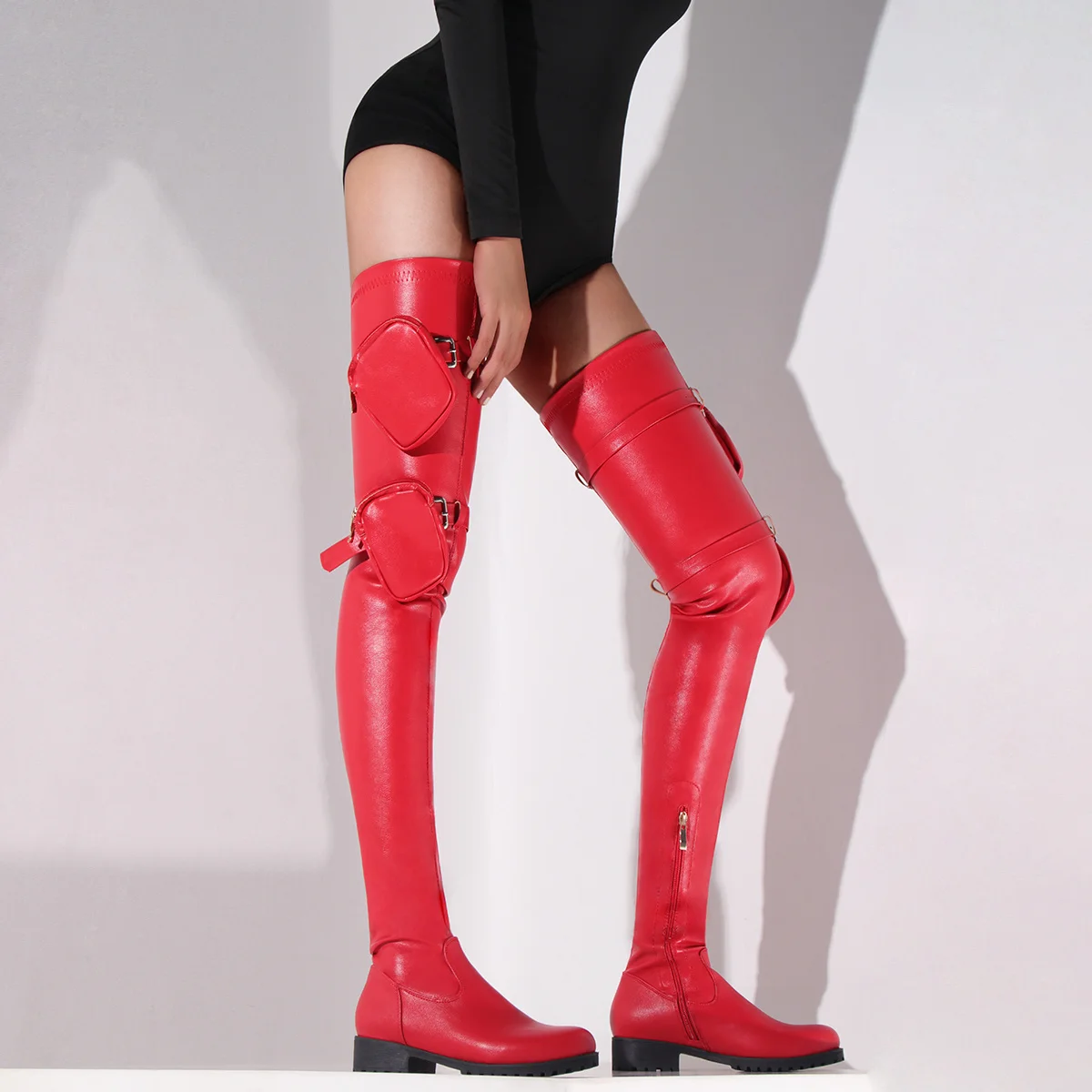 

Winter Thigh High Boots For Women 2022 Free Shipping Pocket Chunky Heels Elastic Over The Knee Boots Large Size 46 Female Shoes