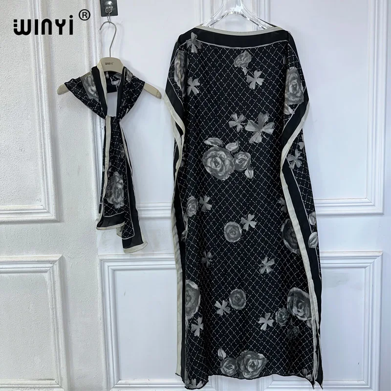 

WINYI 2024 New African Women Dashiki boho print muslim woman dubai Free Size Design With Scarf Maxi Loose African Elegant Dress