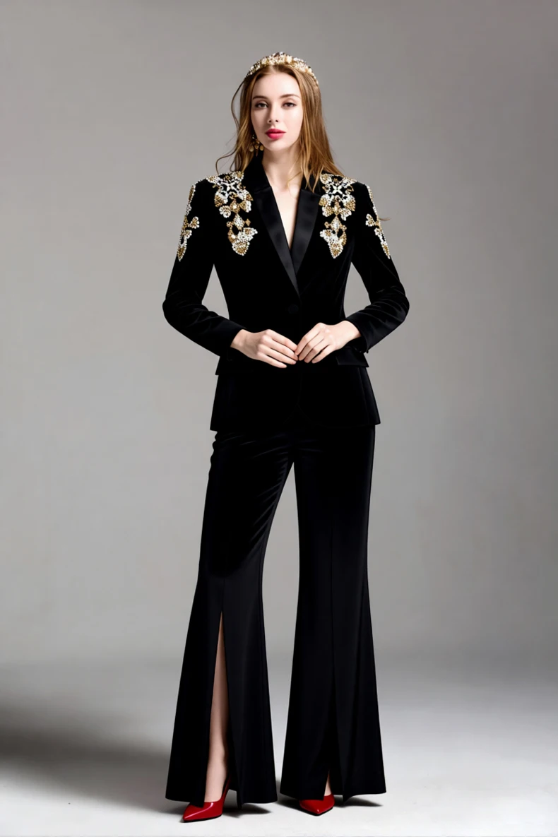 طقم بدلة نسائية سوداء وسراويل واسعة الساق مكون من...