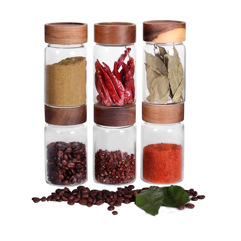 

6pcs/Set Glass Spice Jars 250ml Clear High Borosilicate Glass Container with Acacia Screw Lid Kitchen Orhganization Accessory