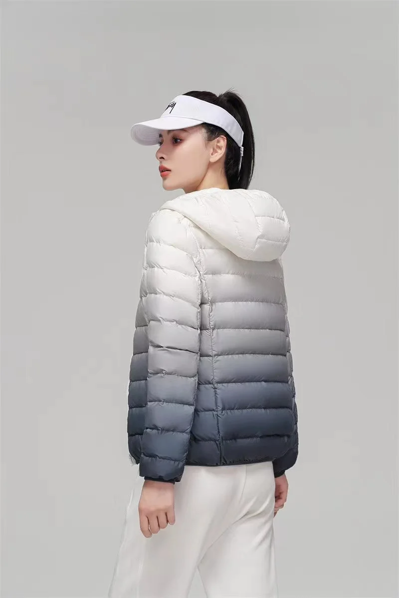 Women Luxury Designer Gradient Down Coats 2023 Autumn Winter New Fashion Hooded Slim Fit Ultra Lightweight Keep Warm Jackets