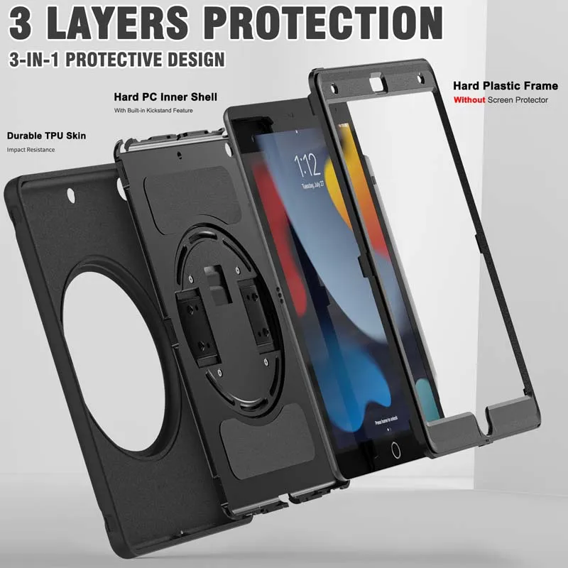 Case for iPad 9 A2602 A2604 A2603 7 8 7th 8th 9th Generation 10.2 inch Rotary Stand Shockproof Cover Pen Holder Hand Strap ipad case tablet case ipad holder ipad keyboard case hand strap