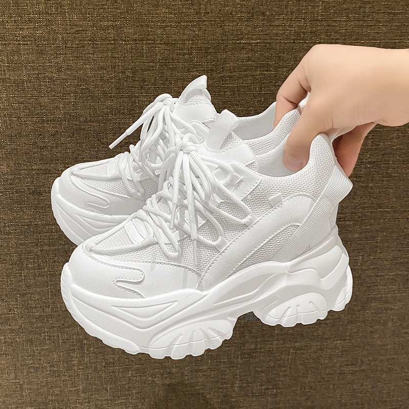 2022 Spring Breathable Mesh Chunky Sneakers Women Wedge Casual Sport Shoes Lace-up High Heels 9.5CM Platform Shoes Zapatos Mujer