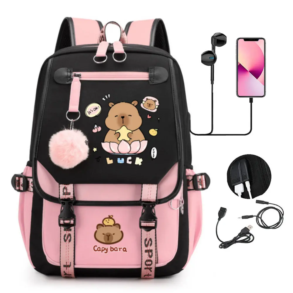 School Backpack for Kids Teenager Kawaii Capybara Schoolbag Girls Boys Children Backpack Teenager Bagpack Usb Charging Bookbag 3