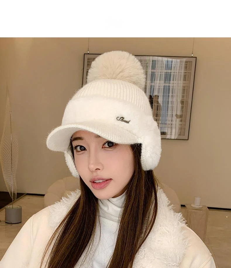 Nuovo berretto da baseball invernale in pelliccia di visone con protezione per le orecchie in pelliccia di coniglio per le donne, moda coreana, tinta unita, semplice cappello lavorato a maglia con palline di lana_voghion.com