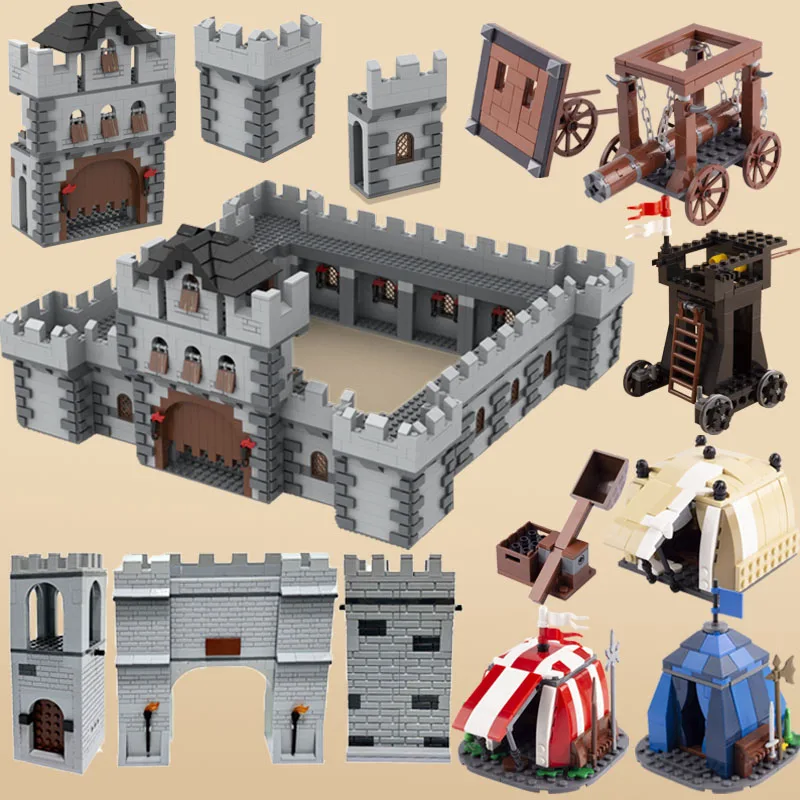 

MOC Medieval Military Castle Building Blocks City Wall Gate Tent Siege Vehicle Rome Knight Soldier Weapon Parts Brick Kid Toys