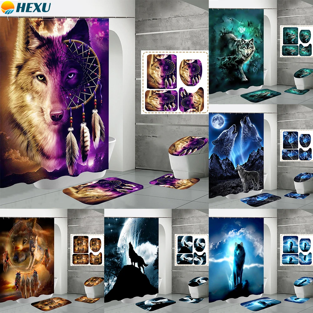 

3D Wolf Print Shower Curtain Set Moonlight Wolves Bathroom Mat Toilet Cover Rug Waterproof Fabric Bathtub Partition Curtains Set
