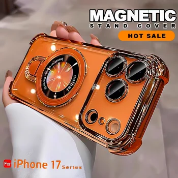 For Magsafe Wireless Charging Case For iPhone 17 Pro Max Air 14 15 Plus 13 12 16 Pro Transparent Plating Ring Holder Phone Cover 1