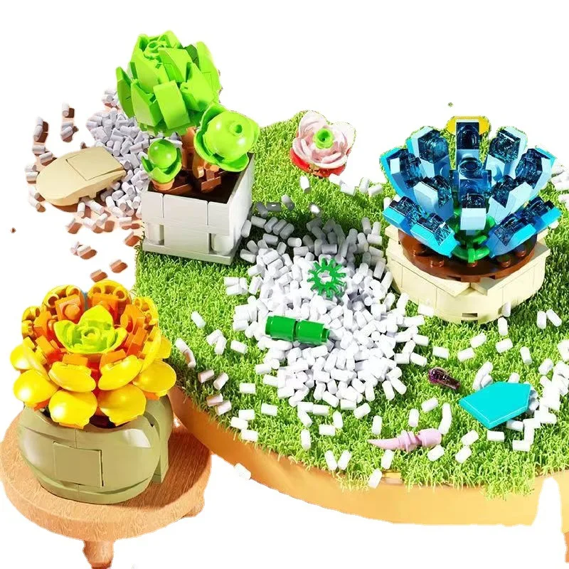 Flower Succulents Building Blocks Everlasting Flower Bonsai Tree Gardens Romantic Bricks Diy Potted Plants Model Kids Kits Toys