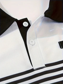 2024 short sleeved summer new item, men's casual polo shirt, V-neck button striped color blocked versatile T-shirt top 5