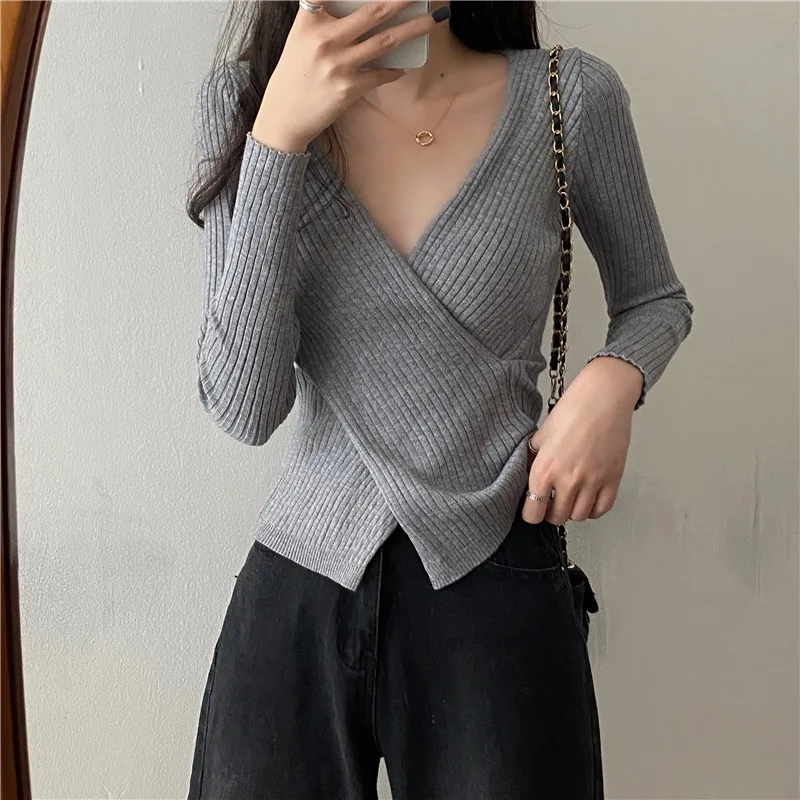Autumn Winter Knitwear Tops Fashion Female Long Sleeve Skinny Elastic Casual V-neck Knitted Shirts Women Pullover Sweaters 3