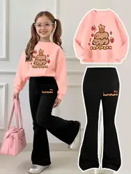 Girls' Capybara Milk Tea Sweatshirt with Strawberry Print and Flared Black Pants Set - 9 - 10Y (Pink)