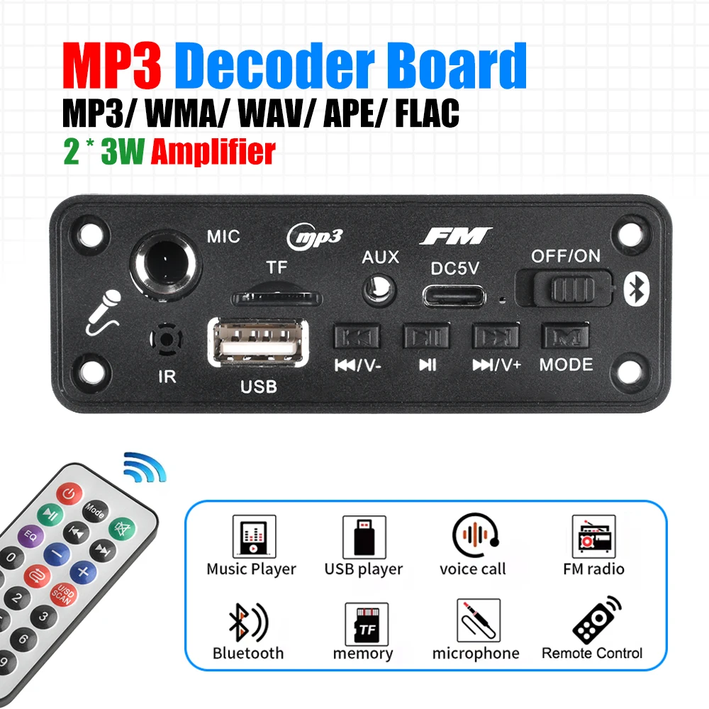 MP3 Bluetooth Amplifier Decoder Board 2 * 3W With Microphone Jack MIC Bluetooth 5.3 Lossless U disk TF Card AUX Player audio decoder board bluetooth mp3 decoder