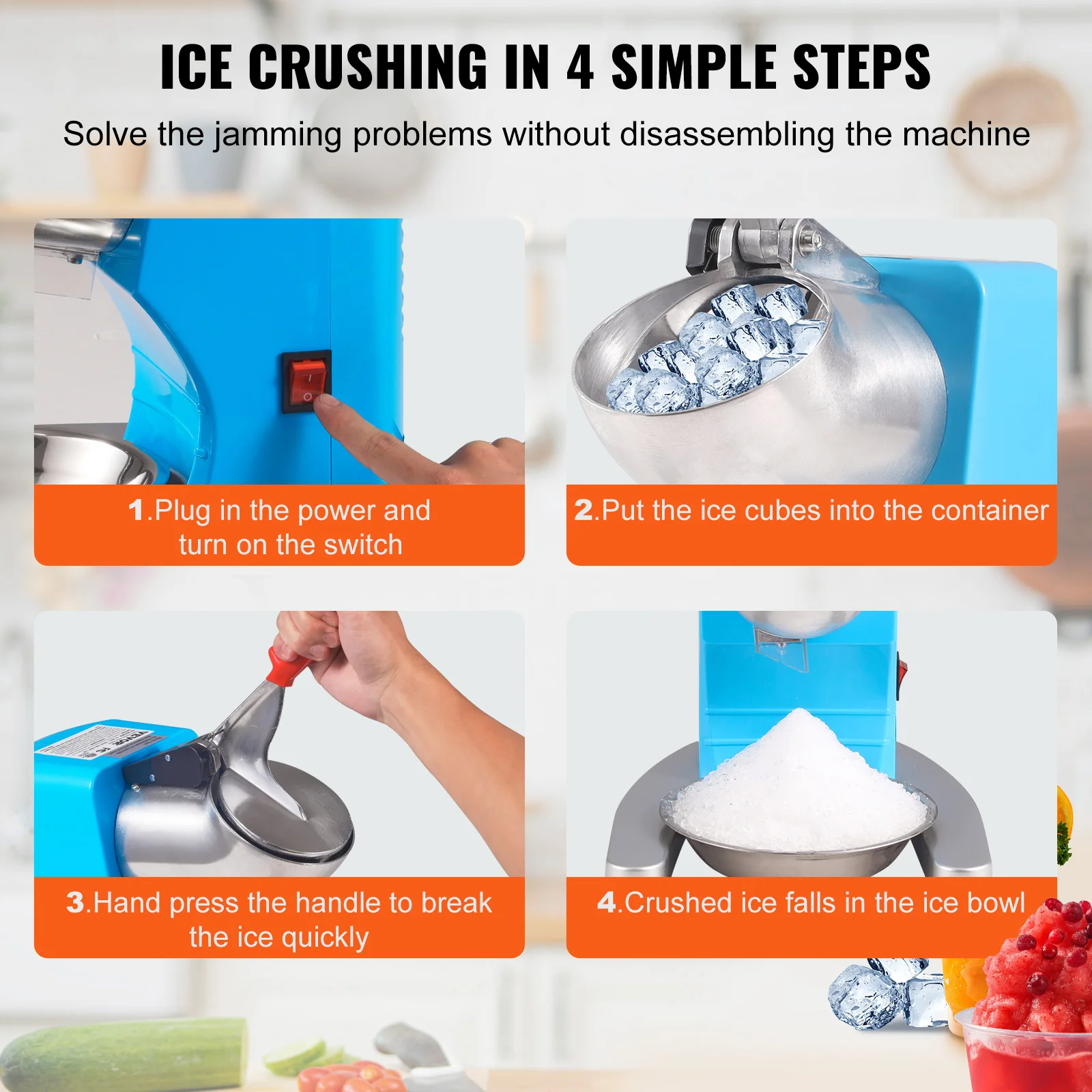 VEVOR Ice Crushers Machine Electric Snow Cone Maker 4 Blades Stainless Steel Shaved Ice Machine 300W Shaver