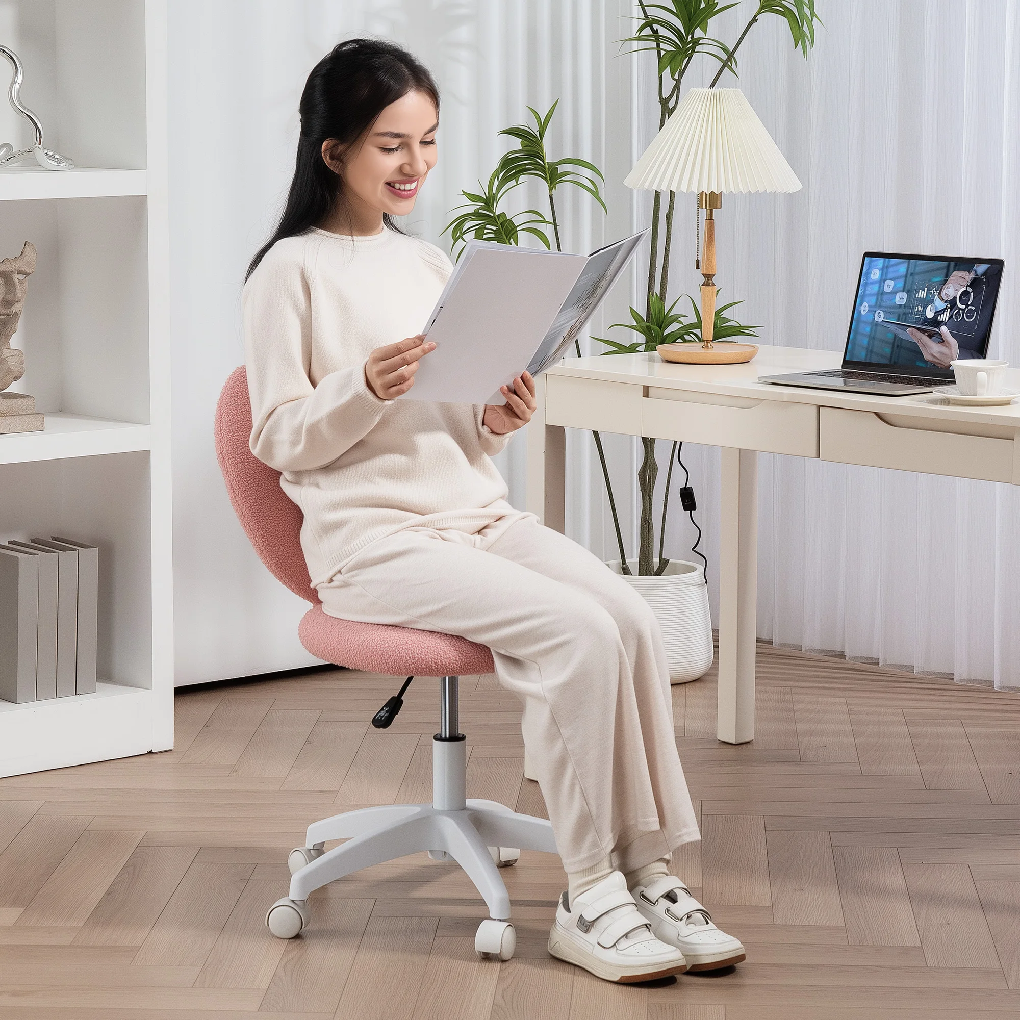 Armless 电脑桌椅, Office Task Chair, Teddy Fleece Heart Makeup Vanity Chair with Swivel Wheels, Pink 5