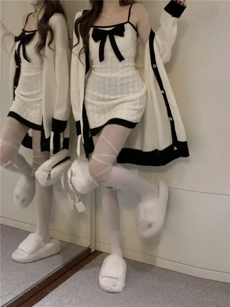 Elegant Knitted Two-Piece Set Women Bow Designer Sweet Party Dress Set Female Korean Style Sweater Mini Dress Suit Winter