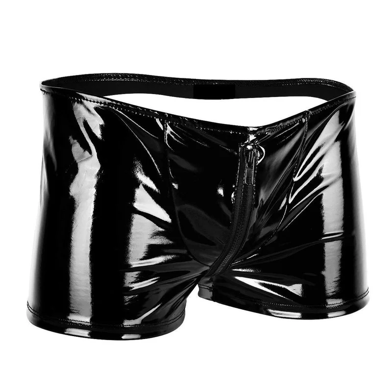 

Plus Size 4XL Sexy Back Hollow Out Mens Underwear Boxer PVC Leather Boxer Zipper Male Gay Club Erotic Pole Dance Mini Short
