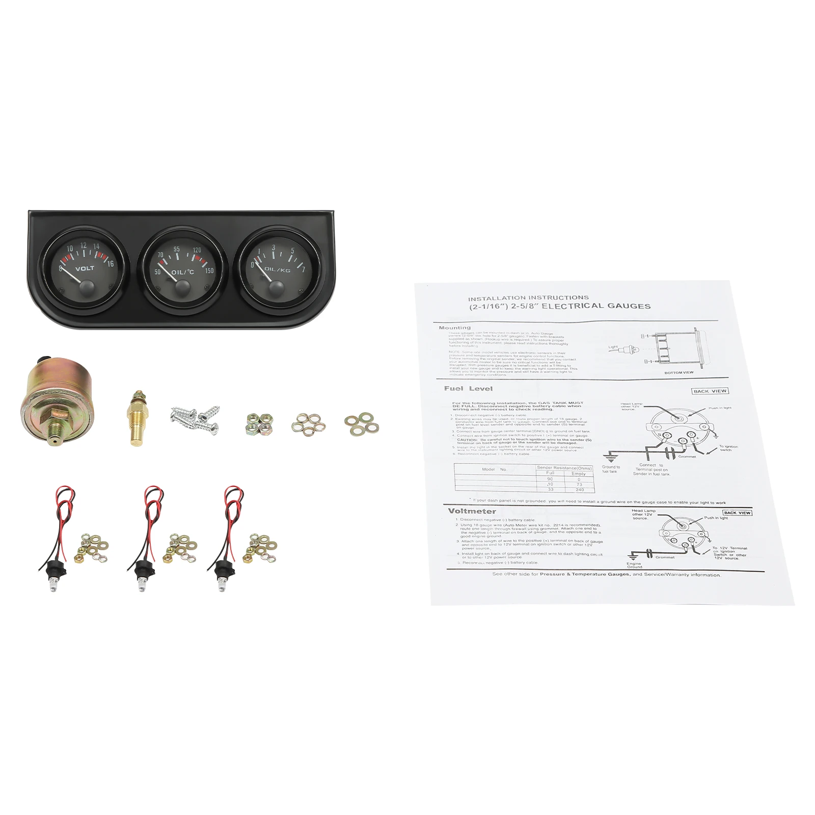 Dreifach-Armaturenbrett-Set mit Öltemperatur-, Öldruck- und Spannungsmesser, großes LED-Display, 8-16V, schwarz, für Fahrzeug-LKW-Armaturenbrett – Detail 3