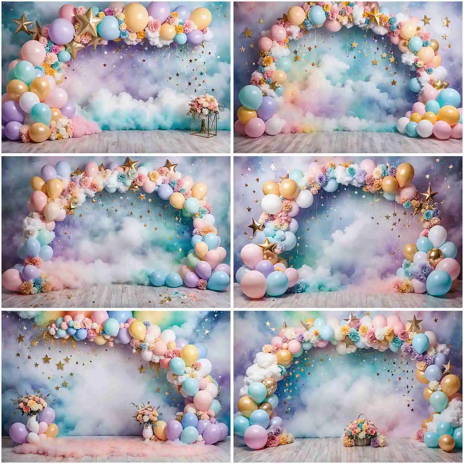 

MOON.QG Arch Balloons Newborn Baby Deco Birthday Backdrop Floral Clouds Star Photocall Background 3D Photography Shooting Props