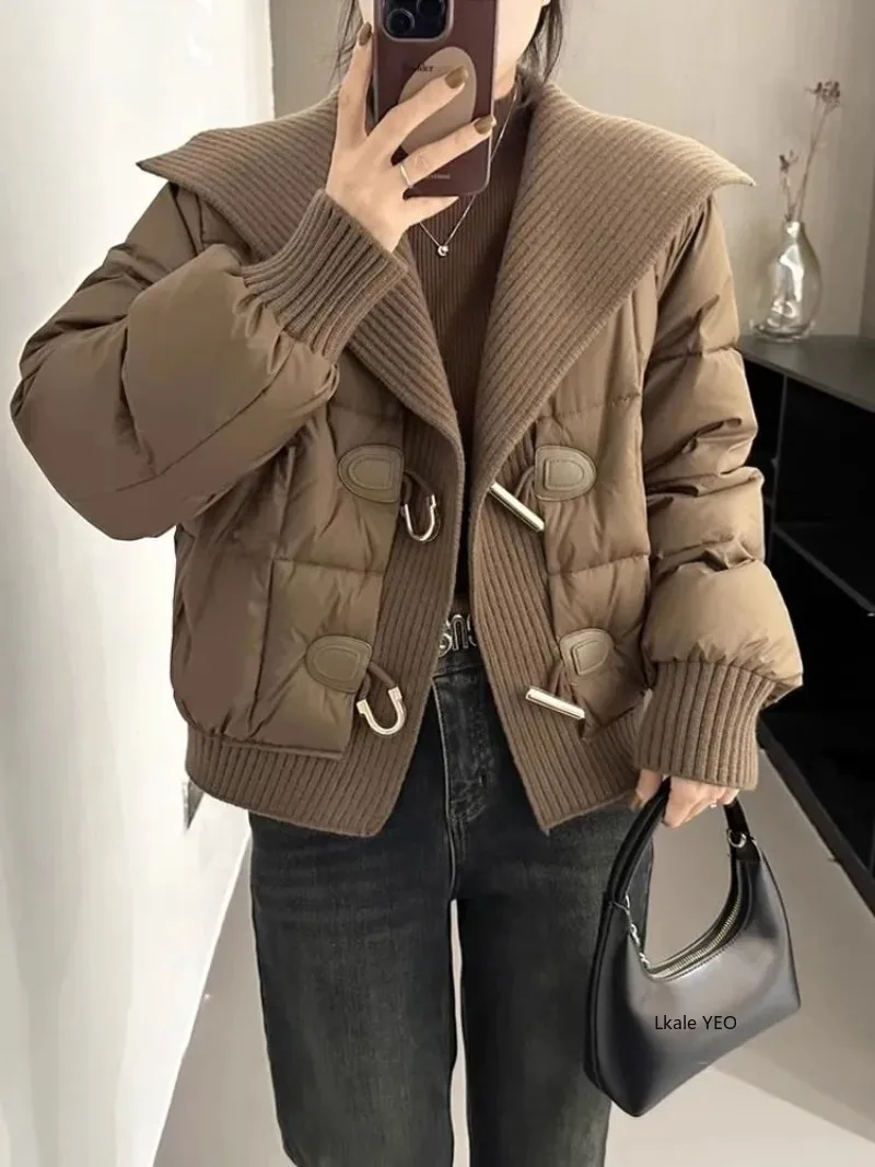 New Women's Down Cotton Jacket 2025 Knitting Splicing Fashion Ladies Winter Parka Coat Korean Version Lapel Female Outerwear