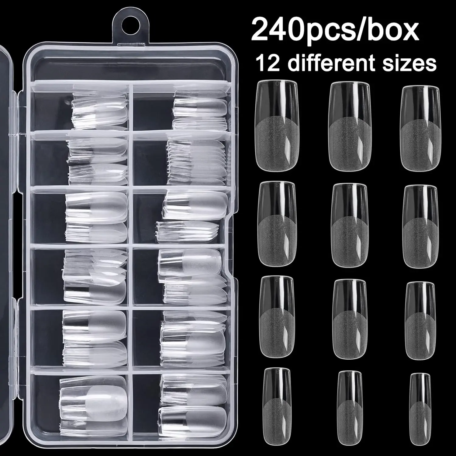 240PCS square nail tips full cover half matte false nails 12 sizes acrylic medium press on nails box for home DIY salon