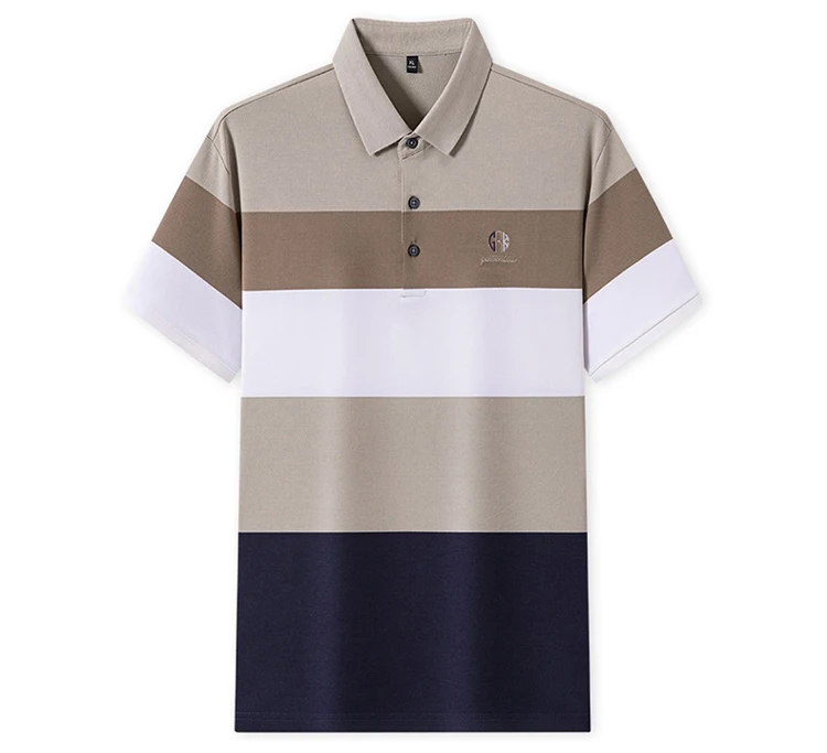 Men's Summer Casual Embroidery Polo Shirt, Breathable Short Sleeve Top with Ribbed Cuffs, 3-Button Placket & Color-Block Stripes 14 Sd5d36f6c31714ee29bb5b447604b345aA