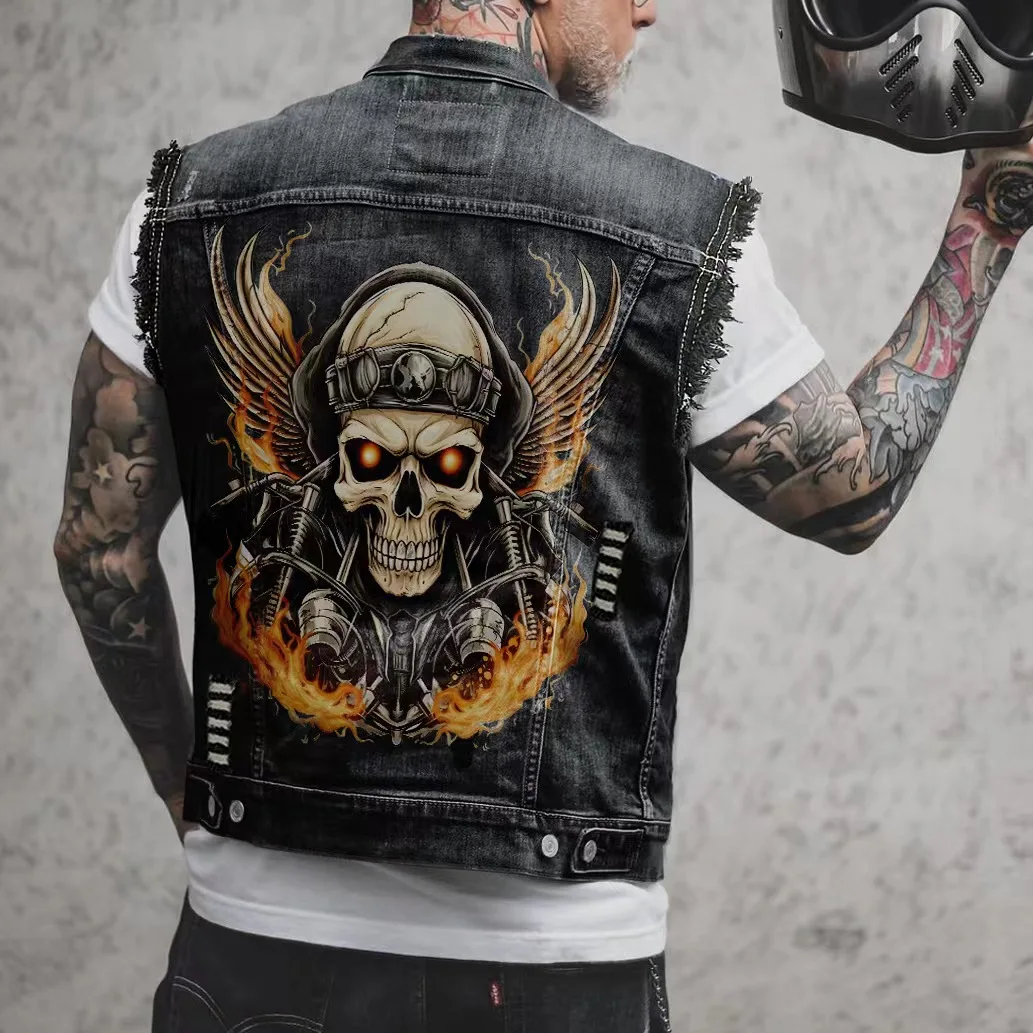 New Men's Denim Vest Printed Tribal Style Top, Men's Sportswear, Men's Denim Vest, Motorcycle Vest, Motorcycle Casual Jeans
