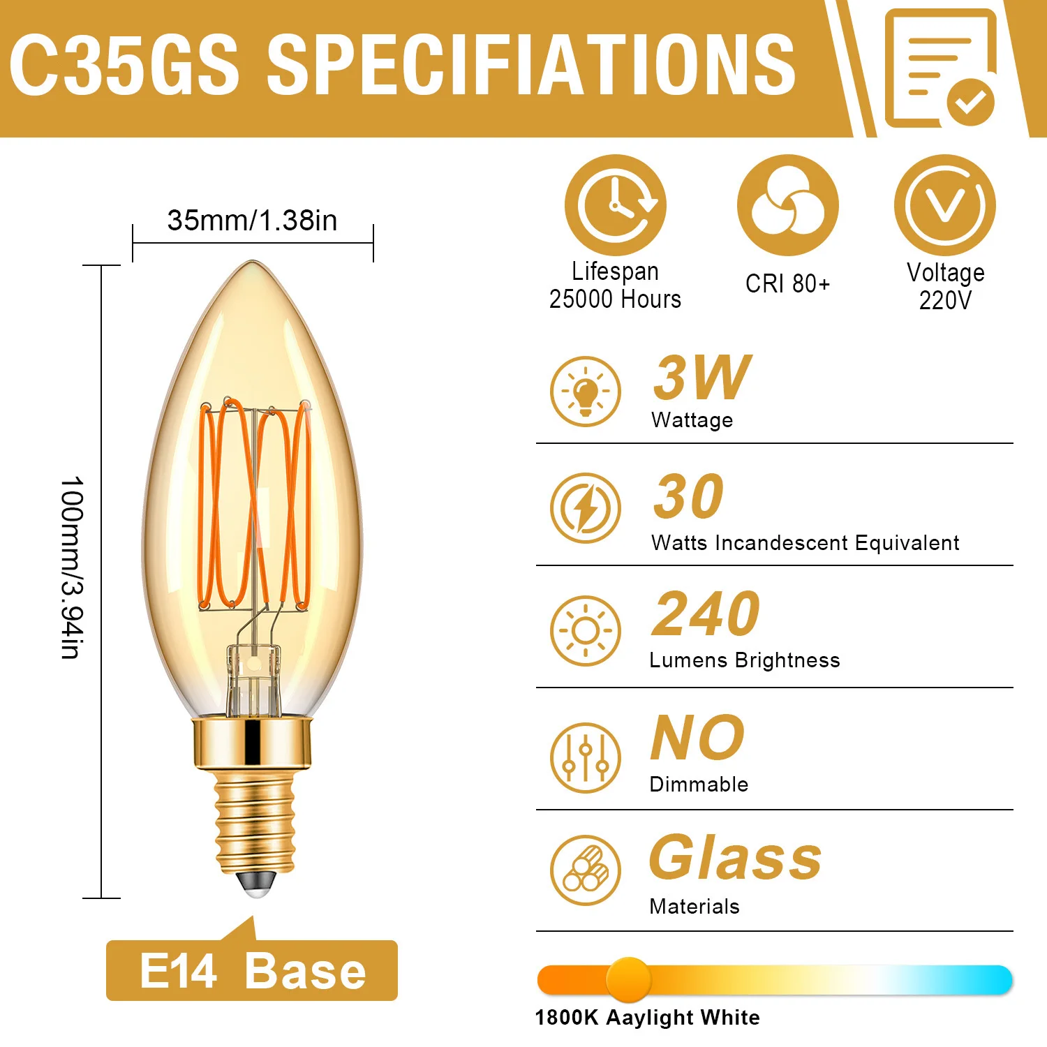 C35 Amber Candle Edison LED Filament Bulbs E14 3W 1800K
