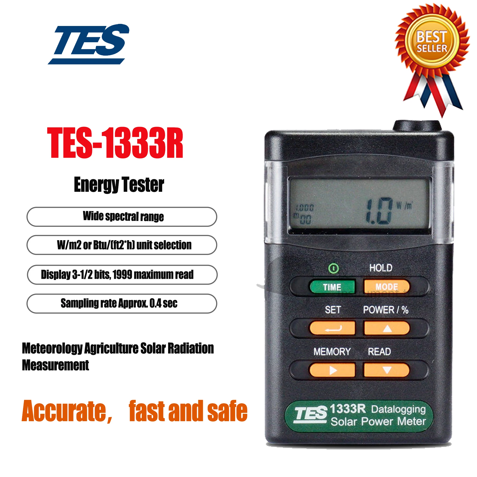 TES-1333R Solar Power Meter Automatic Transmission Measurements ,Select Either Power or Transmission .End-Mount Light Sensor.