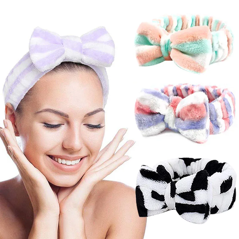 CuteDotStripedBowCoralFleeceSoftHeadbandForWomenGirlsFace