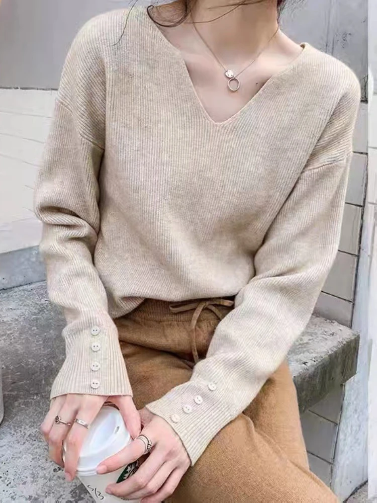 

Sweaters Pullovers Knit Top V-neck Women's Clothing Autumn Winter Fashion Pullovers New Sweater Loose Jumpers Long Sleeved Tops