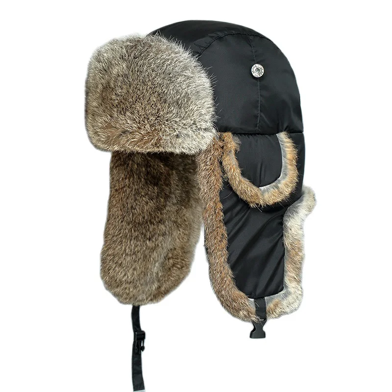 Russia Winter Real fur Hat Men Outdoor Windproof Super Warm Real Rabbit Fur Bomber Hats Natural Soft Natural Rabbit Fur Caps
