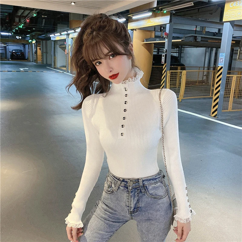 blue sweater JMPRS Fahsion Button Women Sweater Sexy Lace Patchwork White Pullover Knit Jumper Casual Autumn Elastic Female Basic Tops green cardigan
