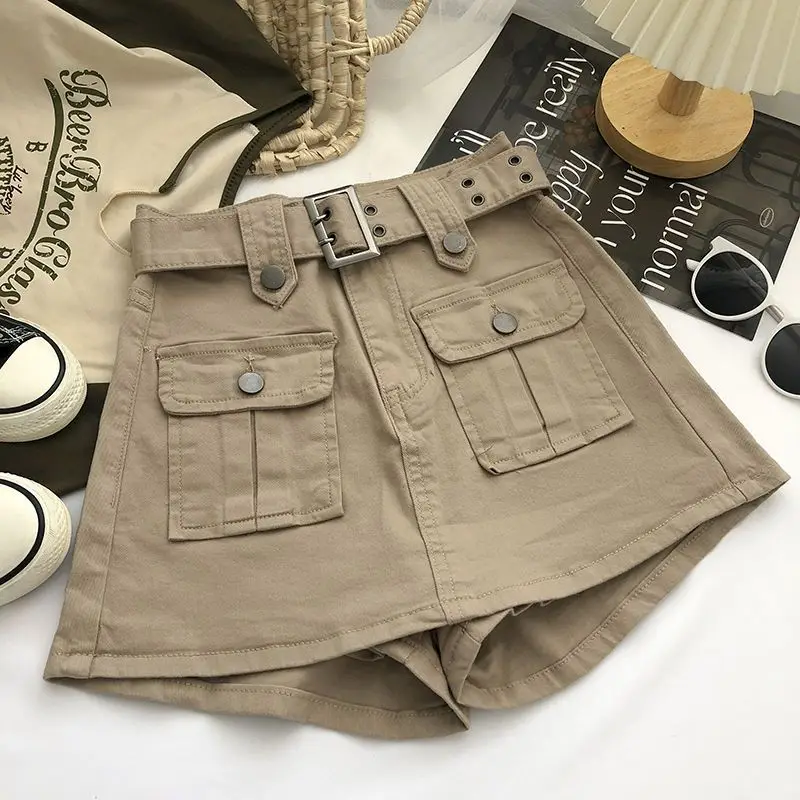 thumbnail image 3 of Faldas cortas de dos piezas falsas de diseñador para mujer, pantalones cortos con cinturón Y2K de cintura alta para otoño e invierno, prendas de vestir para mujer, pantalones cortos Cargo, 3 of 5