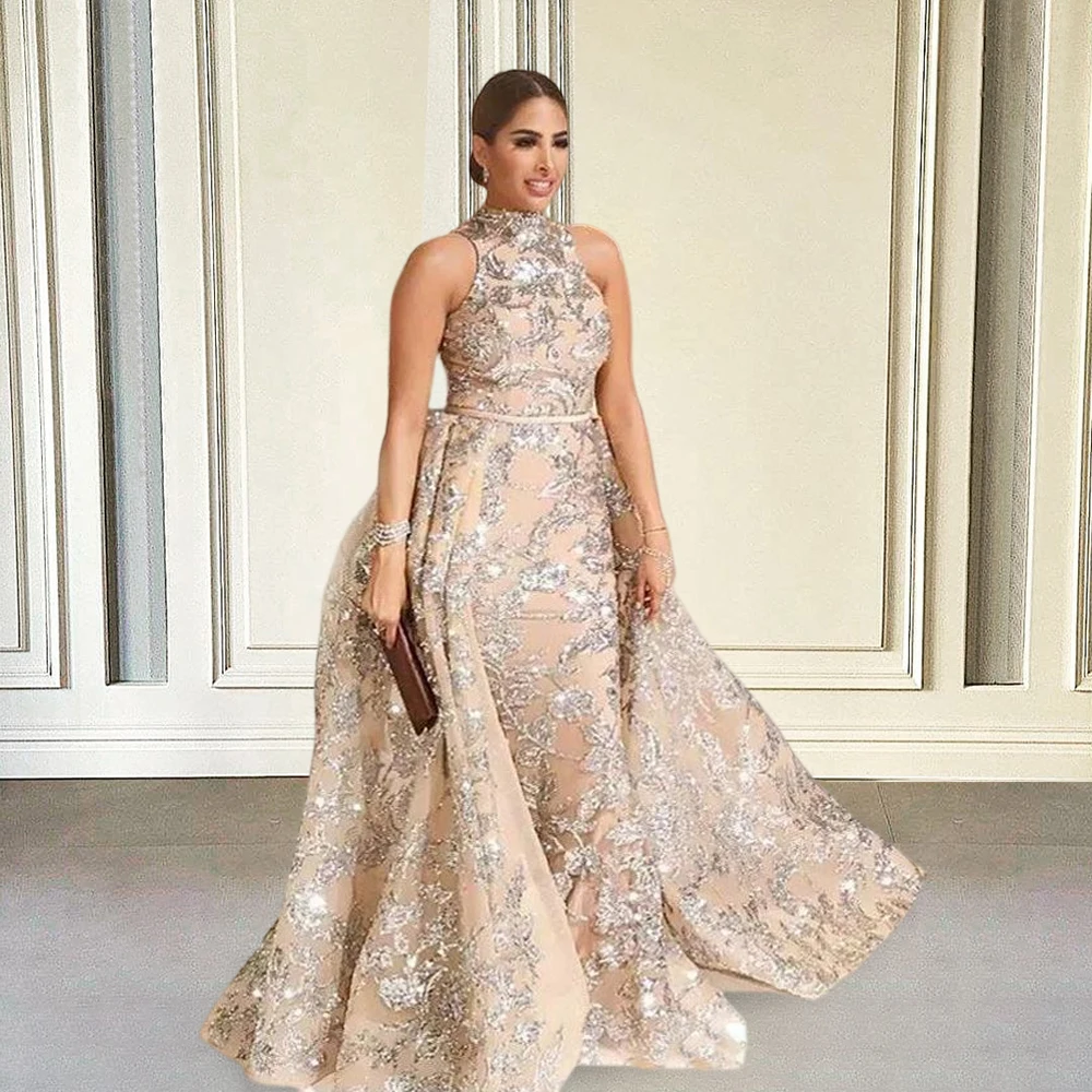 

Sparkly Sequin Evening Dresses Long Luxury 2022 Celebrity Mermaid Detachable Train Women Champagne Formal Prom Gowns for Wedding