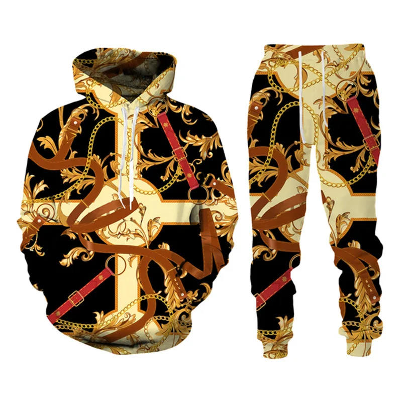thumbnail image 1 of Conjunto de 2 sudaderas con capucha y cadena de lujo para hombre, con estampado 3D de cuerpo completo, estilo retro, estilo corte, pantalón y traje, primavera y otoño, 1 of 4