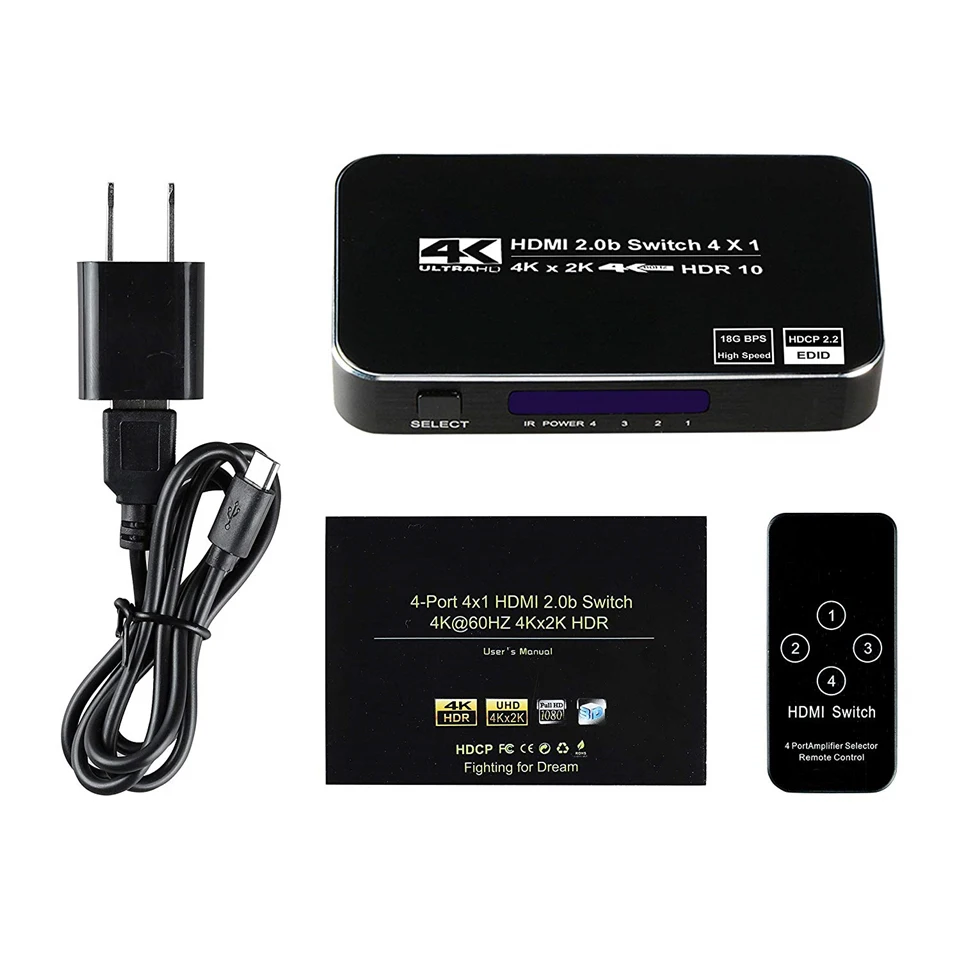 4K HDTV Splitter 4 In 1 Out 4 Port HD Switcher Selector HD Cable Supports Full H