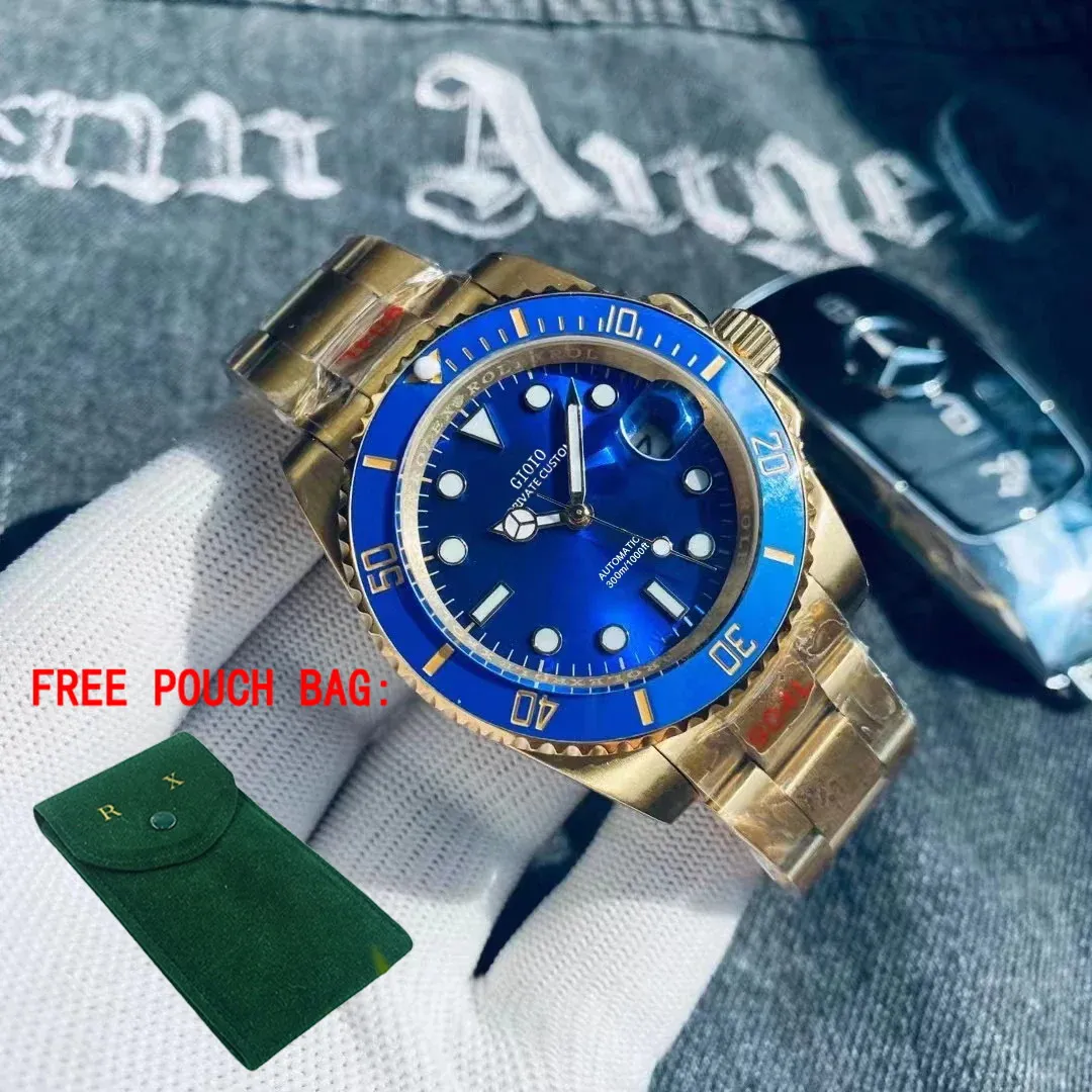 

Luxury Automatic Mechanical Mens Watch Full Black Gold Blue Sapphire Stainless Steel Bracelet Ceramic Bezel