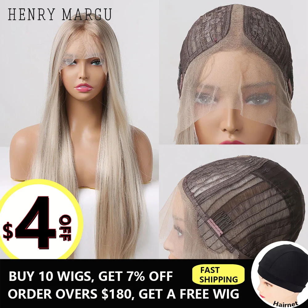 HENRY MARGU Lace Front Synthetic Wigs Long Straight Blonde Platinum Highlight Synthetic Wigs for Women Daily High Density Wigs