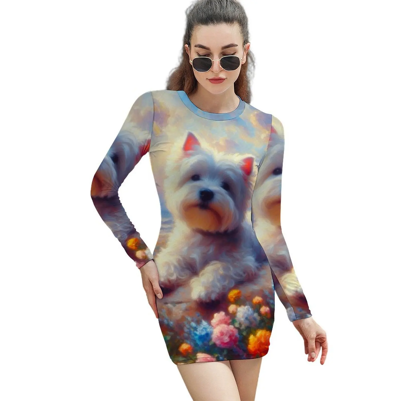 Floral Westie Painting - West Highland Terrier Long-Sleeved Sheath Dress Long dress summer clothes for women
