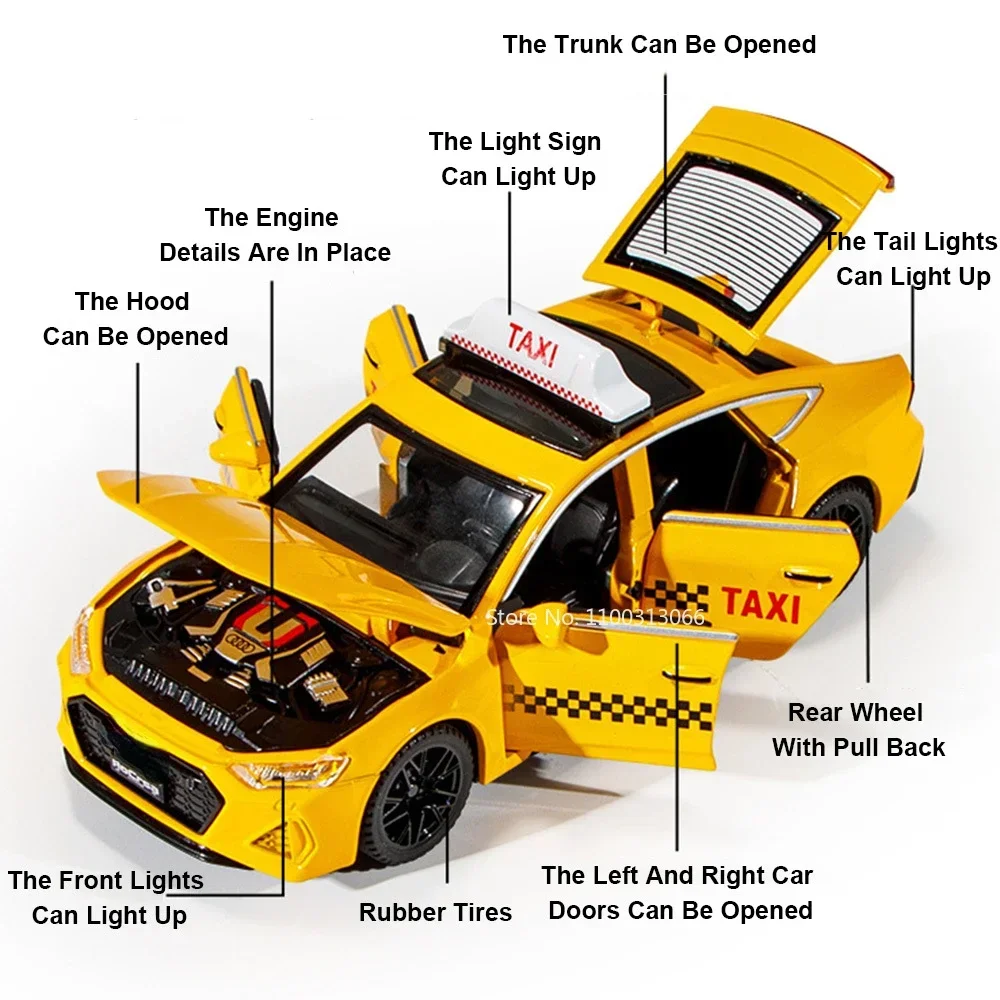 1:32 Audi RS7 Miniature Taxi Toy Model Cars Alloy Diecast Pull Back Sound Light 6 Doors Opened Vehicles Decoration Boys Gifts 2