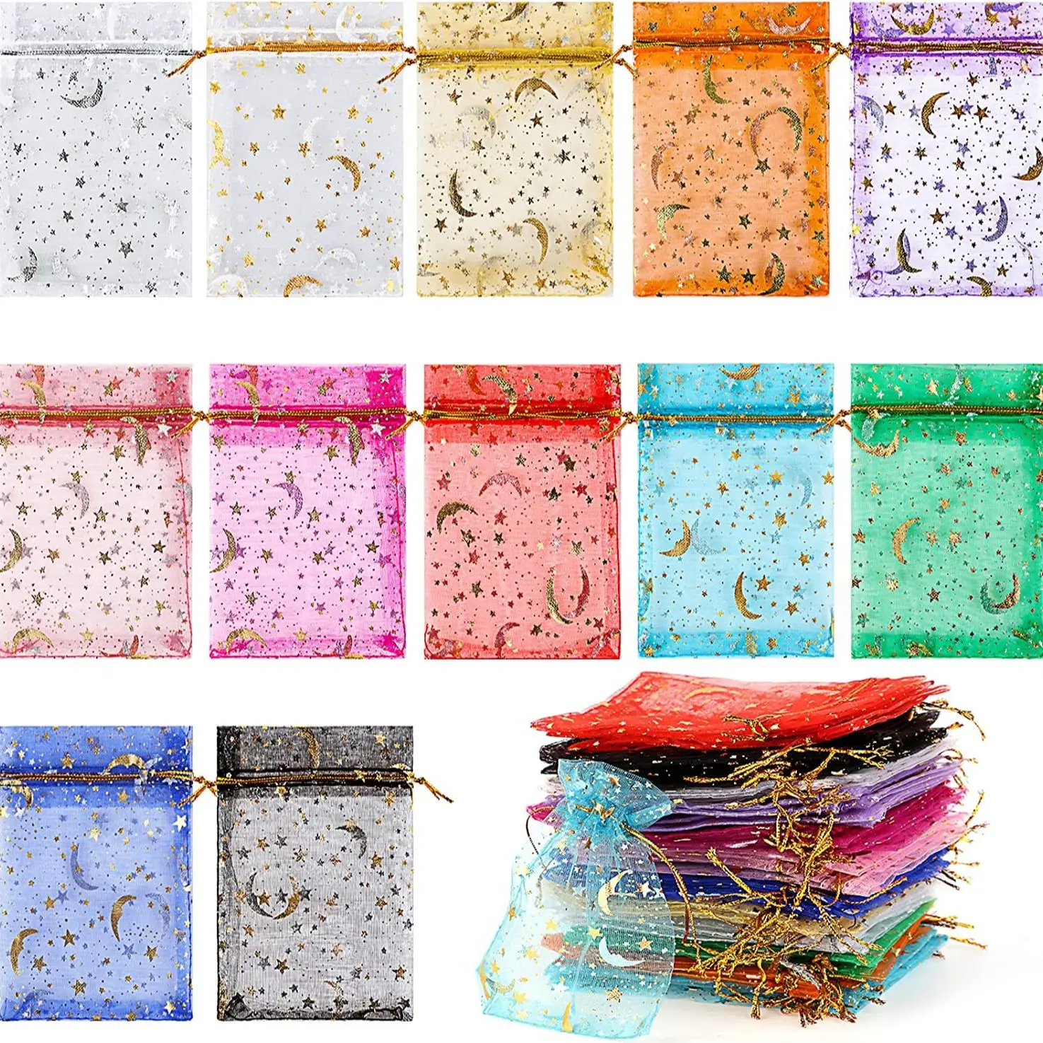 50pcs 9x12cm 11x16cm 13x18cm 17x23cm Mixed Gold Moon Star Adjustable Drawstring Pouch Bags for Wedding Gifts Organza Jewelry 50pcs lot organza christmas gift bags drawstring jewelry packing wedding party candy gift bags 5x7cm 7x9cm 9x12cm 10x15cm