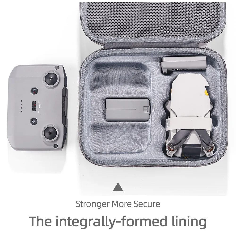 Sac de protection pour DJI Mini 4K, Mini 2 SE, Mini 2 – Étui de transport rigide et léger, vu de côté avec la fermeture éclair.